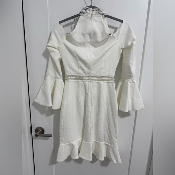 Dark Pink White Lace Trim Cold Shoulder Ruffle‎ Hem Mini Dress Size S NWT - Picture 4 of 6